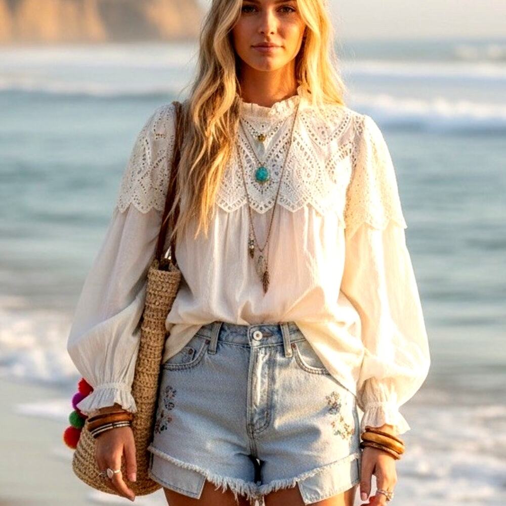NEW Gap White Eyelet Embroidered Peasant Top Boho Blouse Cottage Long Sleeve L